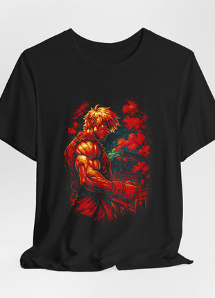 Draped front view of the black Ken Masters Crimson Portrait Graphic T-Shirt.