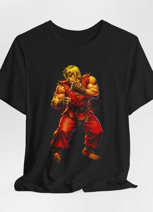 Draped front view of the black Ken Masters Ready to Fight Graphic T-Shirt.