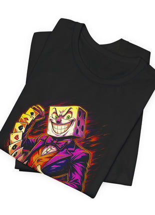 Folded black T-shirt detail of King Dice’s grinning die-shaped head, purple bow tie and cascading cards.