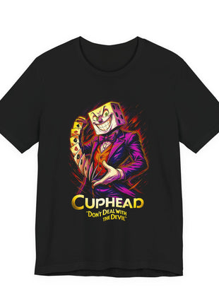 Black T-shirt front showing King Dice in a purple suit flourishing playing cards above yellow Cuphead lettering.