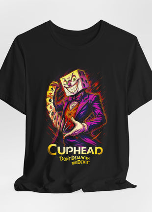 Gathered front of a black T-shirt featuring King Dice, playing cards and yellow Cuphead text.