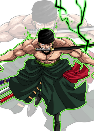 King of Three Swords Wall Art featuring Roronoa Zoro using Three Sword Style with all three swords drawn from One Piece, artwork available in acrylic, canvas, and metal, by Emmanuel Centeno.
