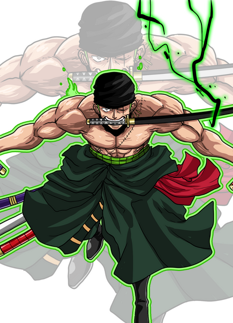 King of Three Swords Wall Art featuring Roronoa Zoro using Three Sword Style with all three swords drawn from One Piece, artwork available in acrylic, canvas, and metal, by Emmanuel Centeno.