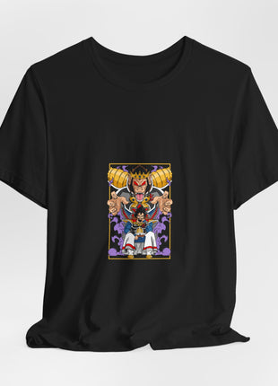 Draped front view of the black King Vegeta Great Ape Throne Graphic T-Shirt.