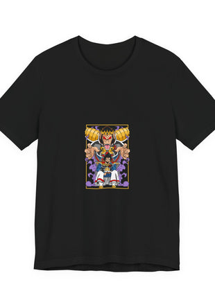 Front of a black T-shirt featuring King Vegeta seated on a throne beneath a crowned armored Great Ape.