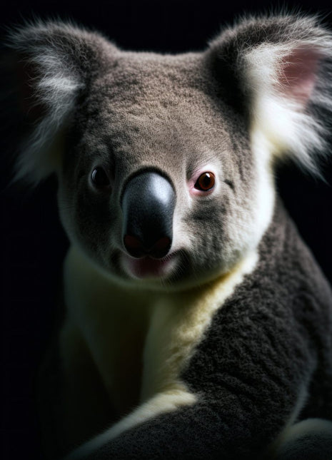 Koala with cool-lit gray fur, cream chest and a curved forelimb against black.
