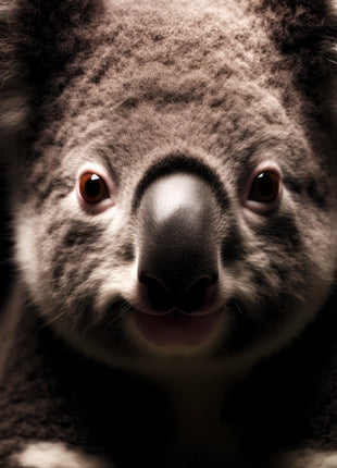 Very close koala face with a large black nose, bright eyes and a small open mouth.