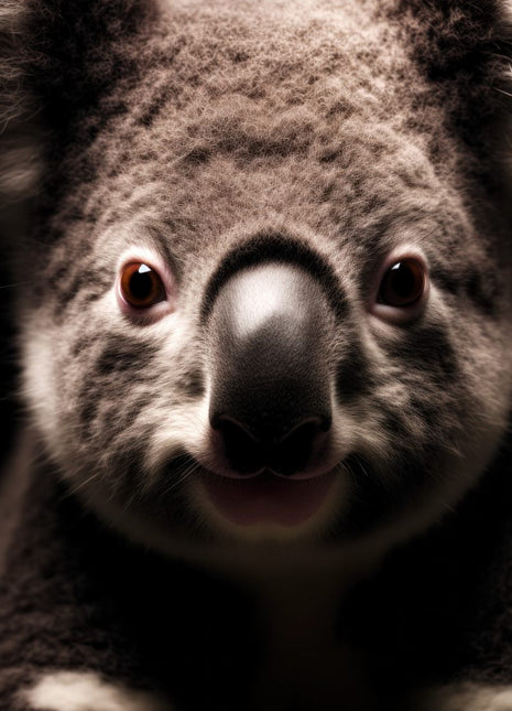 Very close koala face with a large black nose, bright eyes and a small open mouth.