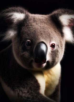 Gray koala in a slight three-quarter pose with fluffy ears and cream throat against black.