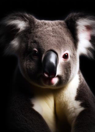 Gray koala facing forward with fluffy ears, cream chest and a small pink tongue visible on black.