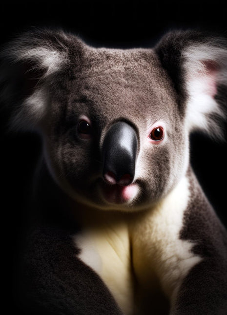 Gray koala facing forward with fluffy ears, cream chest and a small pink tongue visible on black.
