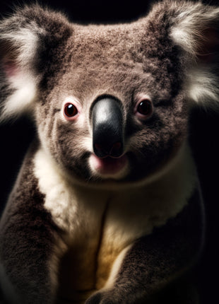 Close koala portrait with fluffy silver-gray ears, large black nose and cream chest against black.