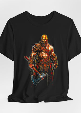 Draped front view of the black Kratos Leviathan Warrior Graphic T-Shirt.