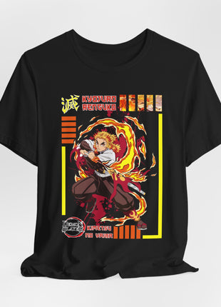 Draped front view of the black Kyojuro Rengoku Flame Swirl Yellow Panel Graphic T-Shirt.