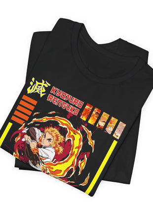 Folded black Kyojuro Rengoku Flame Swirl Yellow Panel Graphic T-Shirt showing a close view of the printed character artwork.