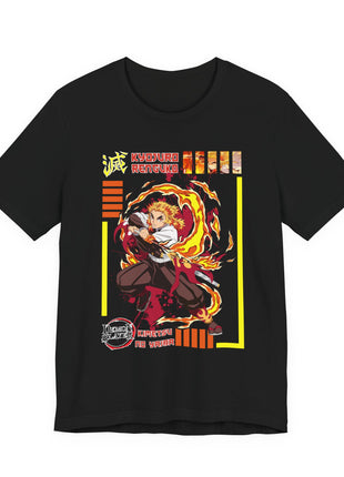 Front of a black T-shirt featuring Kyojuro Rengoku in a sword pose surrounded by orange and yellow flames inside a graphic panel.