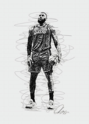 Lakers Six in White Space: places a standing basketball player in a Lakers number 6 uniform on a pale background.