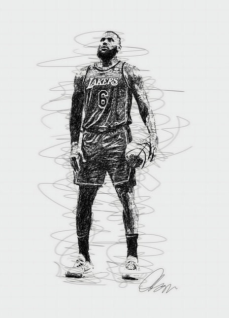 Lakers Six in White Space: places a standing basketball player in a Lakers number 6 uniform on a pale background.