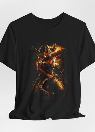 Draped front view of a black T-shirt showing Lara Croft’s kneeling pose with a bow and climbing axe across her lap.