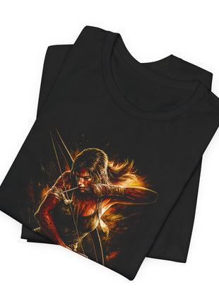 Folded black T-shirt close-up of Lara Croft’s ponytail, raised forearm and bow against warm golden texture.