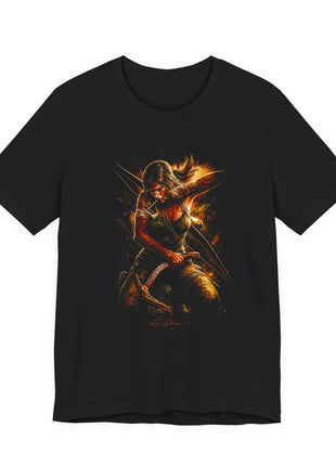 Front of a black T-shirt featuring Lara Croft kneeling with a bow and red-handled climbing axe.