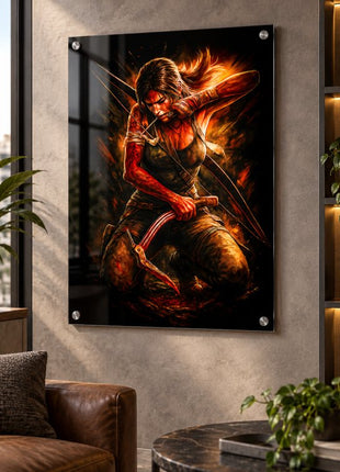 Lara Croft Tomb Raider acrylic wall art displayed in a modern room with polished standoff mounting