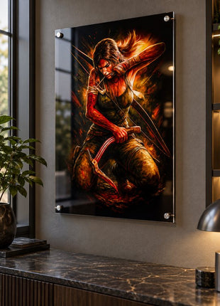 Lara Croft Tomb Raider acrylic wall art in a modern interior with glossy depth and metal standoff hardware