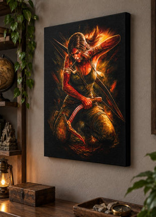 Lara Croft Tomb Raider canvas wall art displayed in an explorer-inspired study with warm lighting