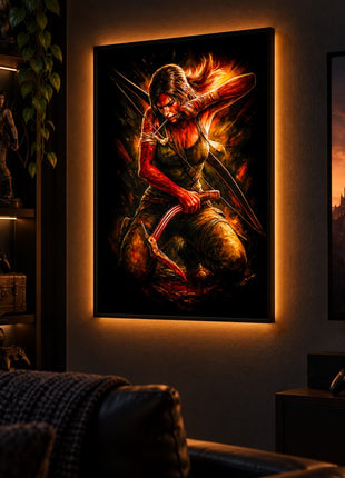Lara Croft Tomb Raider wall art displayed in a glowing lightbox frame in a dark gaming room