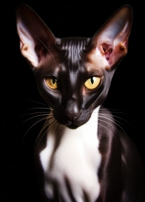Large-eared black-and-white cat facing forward with golden eyes, a dark face and nose, and a broad white chest against black.