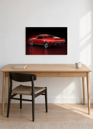Last Light Fastback shown as horizontal acrylic wall art above a wooden desk with a notebook, pencil and white mug.