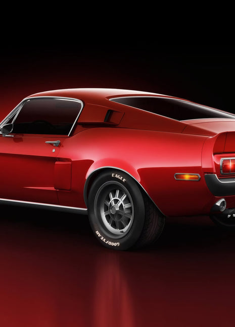 Red Ford Mustang fastback in rear three-quarter view with segmented tail lamps, a chrome bumper and white-lettered tires over a red reflection.