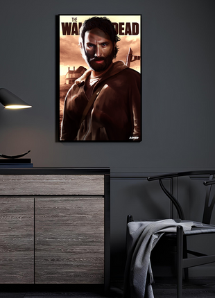 Poster — bearded survivor in coat at farmhouse dawn; moody, post-apocalyptic portrait with warm dust-sky lighting; art by Ben Asher.