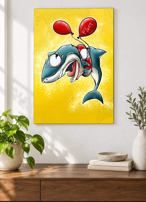 Wide-eyed cartoon shark wearing a life ring beneath two red balloons on yellow displayed above a console table in a room setting