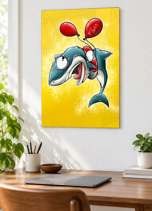 Wide-eyed cartoon shark wearing a life ring beneath two red balloons on yellow displayed above a desk in a room setting