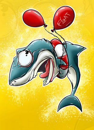 Wide-eyed cartoon shark wearing a life ring beneath two red balloons on yellow