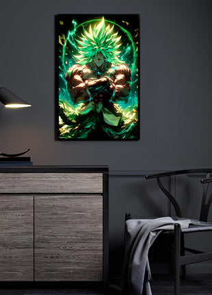 Broly anime wall art displayed in a modern room mockup, presenting a striking green-energy Saiyan artwork as a bold centerpiece in contemporary décor.