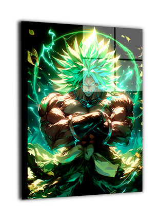 Metal wall art featuring Broly in an electrifying anime portrait, luminous green highlights, extreme power visuals, and a commanding warrior aesthetic.