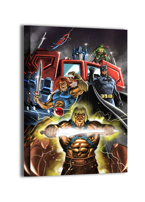 Canvas—glowing Power Sword, towering Optimus, dynamic hero lineup; Ryan Pasibe artwork.