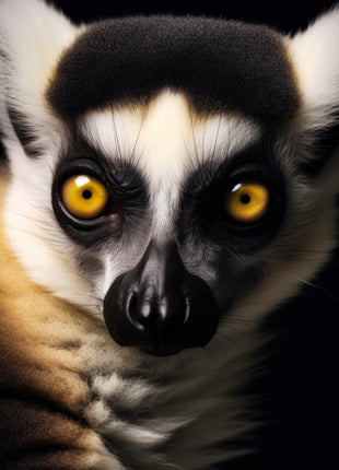 Close lemur face with golden eyes, dark eye patches, white cheeks and a narrow black muzzle.