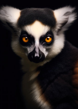 Lemur turning toward the viewer with golden eyes, pale ears and a dark angled shoulder on black.