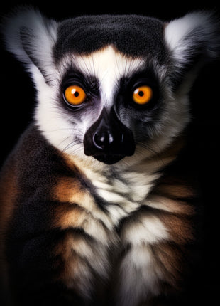Lemur with bright golden eyes, dark eye patches, pale ears and striped chest against black.