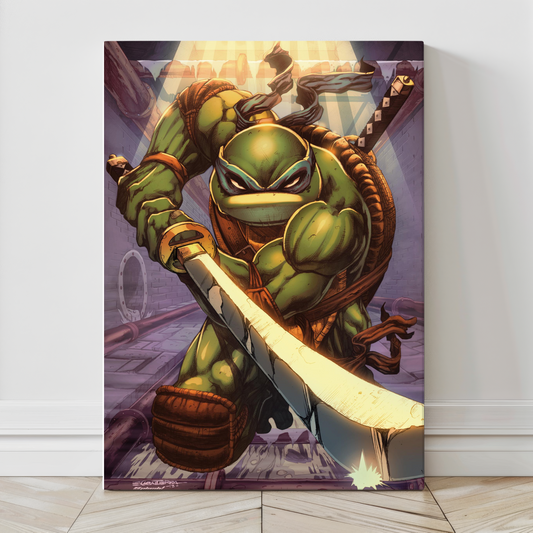 "Katana Code – Leonardo Wall Art on canvas, acrylic, and metal – Leonardo in blue mask with twin katanas in ninja stance."