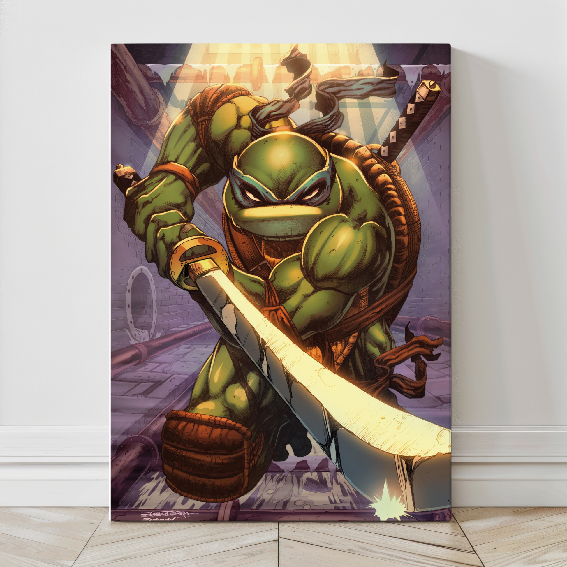 "Katana Code – Leonardo Wall Art on canvas, acrylic, and metal – Leonardo in blue mask with twin katanas in ninja stance."

