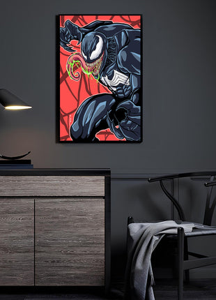 Lethal Appetite wall art featuring Eddie Brock as Venom crouched with teeth bared and tongue extended — Acrylic artwork view