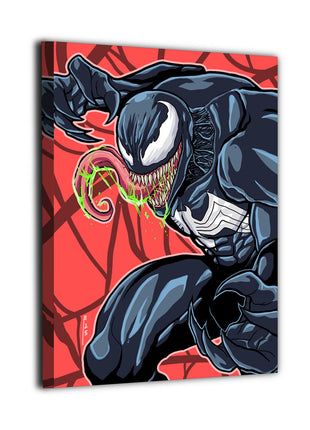 Lethal Appetite wall art featuring Eddie Brock as Venom crouched with teeth bared and tongue extended — Canvas artwork view