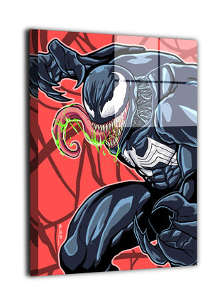 Lethal Appetite wall art featuring Eddie Brock as Venom crouched with teeth bared and tongue extended — Metal artwork view