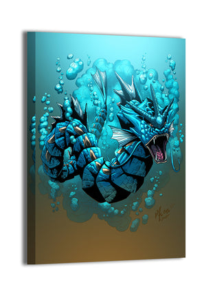 Gyarados Pokémon canvas wall art with swirling underwater bubbles.