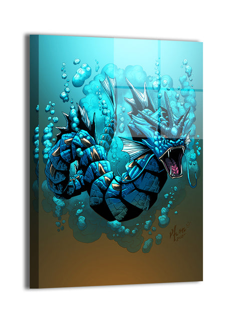 Metallic Gyarados print with bright ocean blues and bold linework.