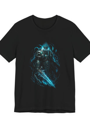 Front of black T-shirt showing the Lich King in skull armor holding a glowing cyan sword beneath a pointed helm.